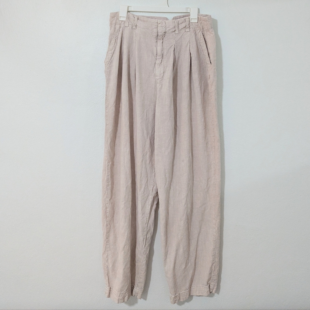 Free People Calla Pleated Trousers Pants Mid Rise Tapered Linen Blend Khaki 12 - Picture 2 of 12
